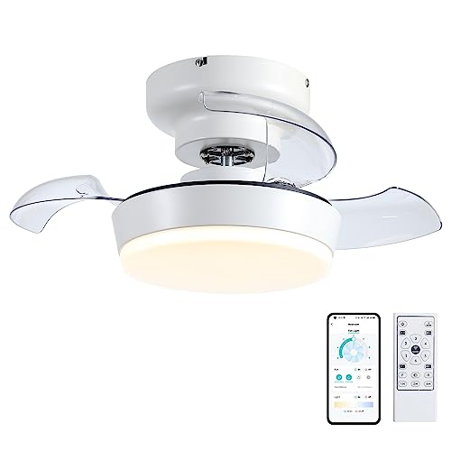 MADSHNE Low Profile Ceiling Fan with Lights, 24" Small Retractable Blades Ceiling Fans with Remote, Modern Flush Mount Fandelier Ceiling Fans with Dimmable LED Lighting,Reversible (White)