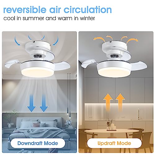 MADSHNE Low Profile Ceiling Fan with Lights, 24" Small Retractable Blades Ceiling Fans with Remote, Modern Flush Mount Fandelier Ceiling Fans with Dimmable LED Lighting,Reversible (White)