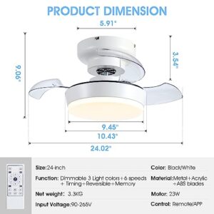 MADSHNE Low Profile Ceiling Fan with Lights, 24" Small Retractable Blades Ceiling Fans with Remote, Modern Flush Mount Fandelier Ceiling Fans with Dimmable LED Lighting,Reversible (White)