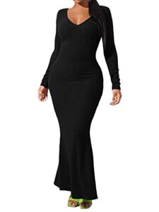 verdusa women's deep v neck long sleeve ribbed knit fishtail maxi bodycon sweater dress black xs
