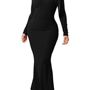 Verdusa Women's Deep V Neck Long Sleeve Ribbed Knit Fishtail Maxi Bodycon Sweater Dress Black XS