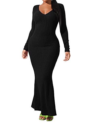 Verdusa Women's Deep V Neck Long Sleeve Ribbed Knit Fishtail Maxi Bodycon Sweater Dress Black XS