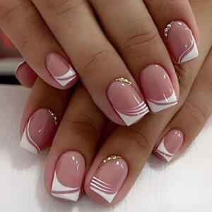 short press on nails square french fake nails acrylic nude pink false nails with rhinestone designs artificial glossy nails full cover glue on nails stick on nails for women