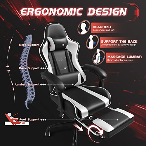 Shahoo Gaming Chair with Footrest and Massage Lumbar Support, Video Game Chairs 360°Swivel and Height Adjustable Seat with Headrest for Office or Bedroom, Study Room, White