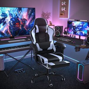Shahoo Gaming Chair with Footrest and Massage Lumbar Support, Video Game Chairs 360°Swivel and Height Adjustable Seat with Headrest for Office or Bedroom, Study Room, White