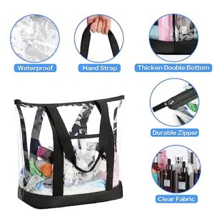 HAOGUAGUA Extra Large Clear Cosmetic Toiletry Bag, Large Clear Makeup Bag, Waterproof Transparent Plastic PVC Tote Shoulder Bag with Handles (BLACK)