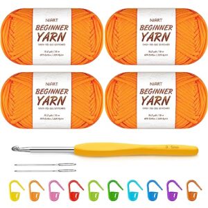 niart 4x50g orange yarn for crocheting & knitting, 4x70m(76.5yds) cotton-nylon blend yarn crochet kit for beginners with easy-to-see stitches, worsted medium beginner practice cotton yarn & tools kit