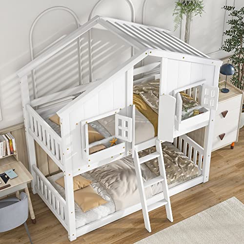 ERYE Twin Over Twin House Bunk Bed with Roof,Window, Window Box and Window Door,Twin Size Wooden Bunk Bed with Safety Guardrails and Ladder for Kids Children Teens Boys and Girls,White