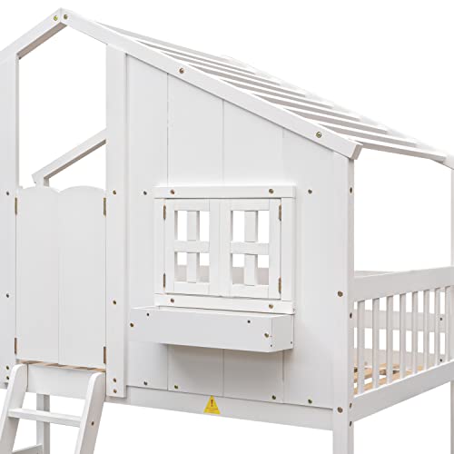 ERYE Twin Over Twin House Bunk Bed with Roof,Window, Window Box and Window Door,Twin Size Wooden Bunk Bed with Safety Guardrails and Ladder for Kids Children Teens Boys and Girls,White