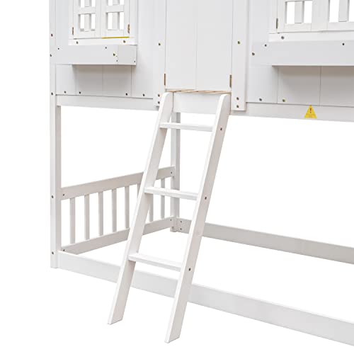 ERYE Twin Over Twin House Bunk Bed with Roof,Window, Window Box and Window Door,Twin Size Wooden Bunk Bed with Safety Guardrails and Ladder for Kids Children Teens Boys and Girls,White