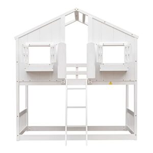 ERYE Twin Over Twin House Bunk Bed with Roof,Window, Window Box and Window Door,Twin Size Wooden Bunk Bed with Safety Guardrails and Ladder for Kids Children Teens Boys and Girls,White