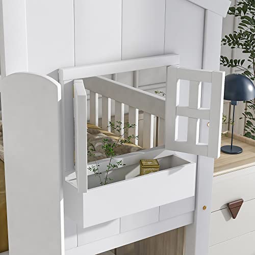 ERYE Twin Over Twin House Bunk Bed with Roof,Window, Window Box and Window Door,Twin Size Wooden Bunk Bed with Safety Guardrails and Ladder for Kids Children Teens Boys and Girls,White