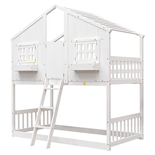 ERYE Twin Over Twin House Bunk Bed with Roof,Window, Window Box and Window Door,Twin Size Wooden Bunk Bed with Safety Guardrails and Ladder for Kids Children Teens Boys and Girls,White