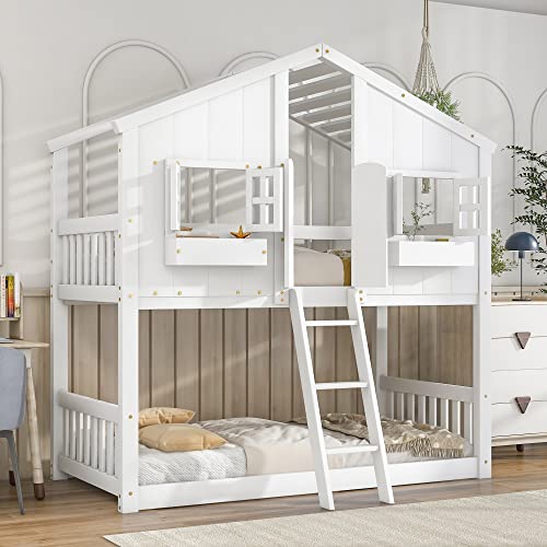 ERYE Twin Over Twin House Bunk Bed with Roof,Window, Window Box and Window Door,Twin Size Wooden Bunk Bed with Safety Guardrails and Ladder for Kids Children Teens Boys and Girls,White