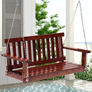 heavy duty outdoor wooden porch swings 4ft/48in bench swing 800lb weight capacity, durable two person hanging seating with hanging chains and fixing screw for garden backyard lawn balcony deck,brown