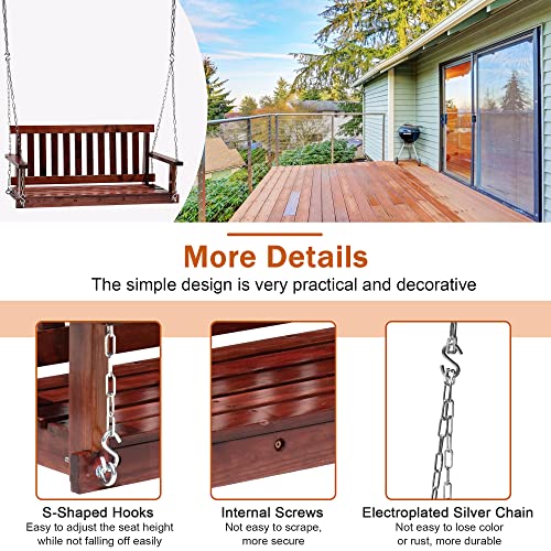 Heavy Duty Outdoor Wooden Porch Swings 4Ft/48in Bench Swing 800lb Weight Capacity, Durable Two Person Hanging Seating with Hanging Chains and Fixing Screw for Garden Backyard Lawn Balcony Deck,Brown