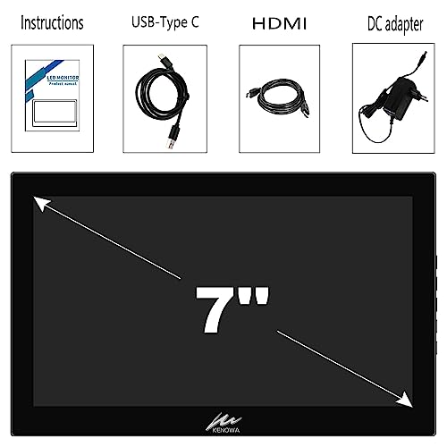 Kenowa Portable Monitor Touchscreen, 7 inch Small Monitor HD 1024x600 Mini Display Dual HDMI Port External Monitor for Raspberry Pi Laptop PC Phone Xbox PS4/5 Switch Built-in Speakers