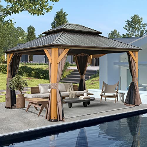 Domi Hardtop Gazebo 12’x14’ Cedar Frame Wood Gazebo with Galvanized Steel Double Roof, Outdoor Permanent Metal Gazebo with Curtains and Netting for Patio,Deck,Backyard