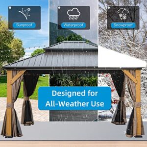 Domi Hardtop Gazebo 12’x14’ Cedar Frame Wood Gazebo with Galvanized Steel Double Roof, Outdoor Permanent Metal Gazebo with Curtains and Netting for Patio,Deck,Backyard