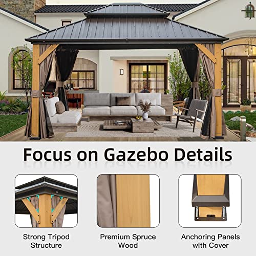 Domi Hardtop Gazebo 12’x14’ Cedar Frame Wood Gazebo with Galvanized Steel Double Roof, Outdoor Permanent Metal Gazebo with Curtains and Netting for Patio,Deck,Backyard