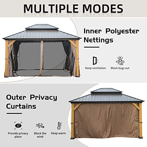 Domi Hardtop Gazebo 12’x14’ Cedar Frame Wood Gazebo with Galvanized Steel Double Roof, Outdoor Permanent Metal Gazebo with Curtains and Netting for Patio,Deck,Backyard