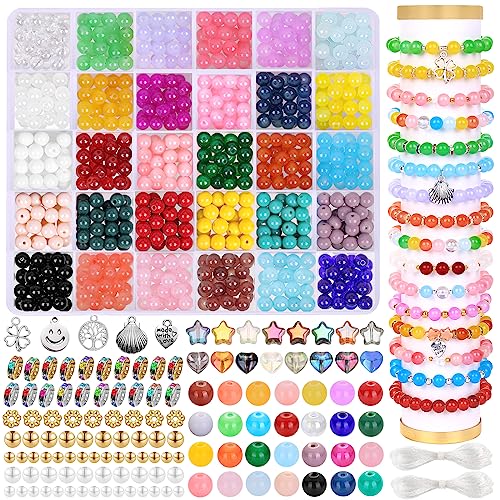 DIYDEC 671pcs Glass Beads Bracelet Making Kits 30 Colors 8mm Crystal Beads for Jewelry Making Round Gemstone Stone Beads with Rondelle Spacer Beads DIY Crafts for Girls Adults