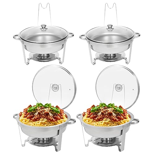 Restlrious Chafing Dish Buffet Set 4 Pack, 7.5 QT Stainless Steel Round Chafers and Buffet Warmers Set with Glass Viewing Lid and Lid Holder, Food Warmer for Catering, Party, Wedding, Banquet, Events