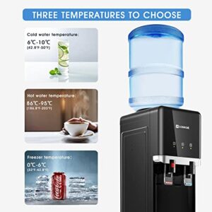 COSVALVE Water Cooler Dispenser, 5 Gallon Top Loading Hot/Cold Water Cooler, Compression Refrigeration w/Freezer Cabinet, Child Safety Lock for Home Office, Apartment, Dorm