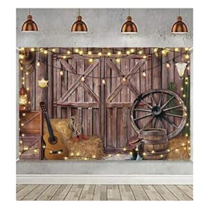 maqtt western cowboy photography backdrop rustic farmhouse wooden barn door backdrop for party guitar and lights photo background children birthday party decoration 7x5ft