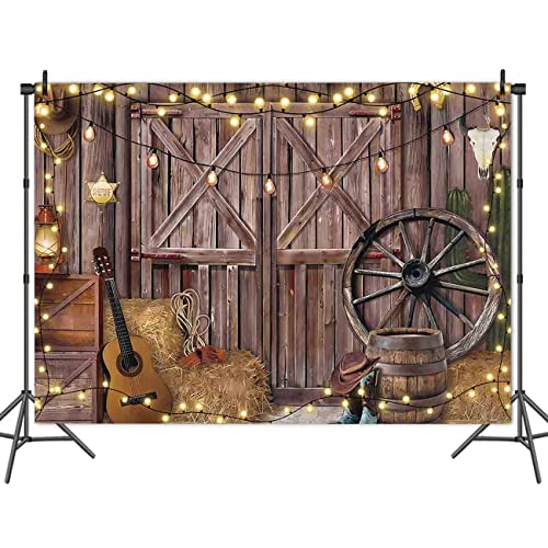 MAQTT Western Cowboy Photography Backdrop Rustic Farmhouse Wooden Barn Door Backdrop for Party Guitar and Lights Photo Background Children Birthday Party Decoration 7x5ft