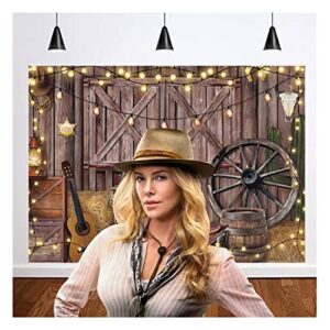 MAQTT Western Cowboy Photography Backdrop Rustic Farmhouse Wooden Barn Door Backdrop for Party Guitar and Lights Photo Background Children Birthday Party Decoration 7x5ft