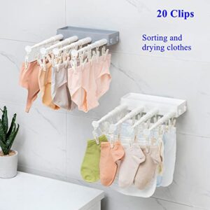 Cuzlarmul Socks Drying Rack, 20 Clips Wall Mountable and Foldable Clothes Drying Rack for Indoor Use, Retractable Clothes Rack Suitable for Socks, Underwear, Towels, Bras, Lingerie, White