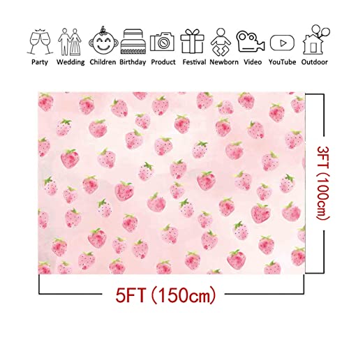 MAQTT Pink Strawberry Backdrop for Girls Birthday Party Decoration Strawberry Photography Background Baby Shower Supplies Cake Table Decor Wall Paper Photo Props 5x3ft