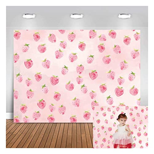 MAQTT Pink Strawberry Backdrop for Girls Birthday Party Decoration Strawberry Photography Background Baby Shower Supplies Cake Table Decor Wall Paper Photo Props 5x3ft