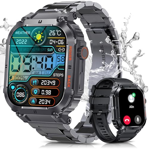 PODOEIL Military Smart Watch for Men with Bluetooth Calling, 100+ Sports Modes Activity Tracker Watch for iPhone Samsung Android, 1.96" HD Smartwatch with Health Monitor Sleep Monitor (Space Grey)