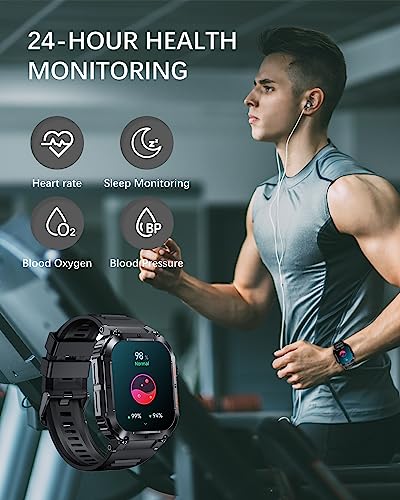 PODOEIL Military Smart Watch for Men with Bluetooth Calling, 100+ Sports Modes Activity Tracker Watch for iPhone Samsung Android, 1.96" HD Smartwatch with Health Monitor Sleep Monitor (Space Grey)