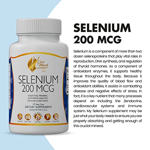 Coco March Selenium - Supports Thyroid Function & Conversion of T4 -T3-200 mcg- 3 Month Supply Gluten Free, Soy Free, Dairy Free, GMO Free, Vegan - 90 Capsules