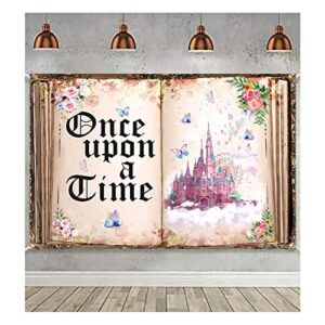 maqtt fairytale book photography backdrop 7x5ft once upon a time backdrop for girls birthday party decoration pink flowers butterfly and castal princess backdrop for baby shower cake table decor