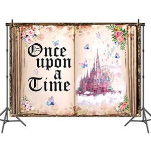 MAQTT Fairytale Book Photography Backdrop 7x5ft Once Upon A Time Backdrop for Girls Birthday Party Decoration Pink Flowers Butterfly and Castal Princess Backdrop for Baby Shower Cake Table Decor