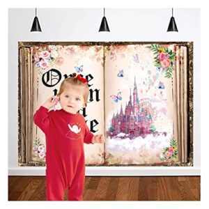 MAQTT Fairytale Book Photography Backdrop 7x5ft Once Upon A Time Backdrop for Girls Birthday Party Decoration Pink Flowers Butterfly and Castal Princess Backdrop for Baby Shower Cake Table Decor