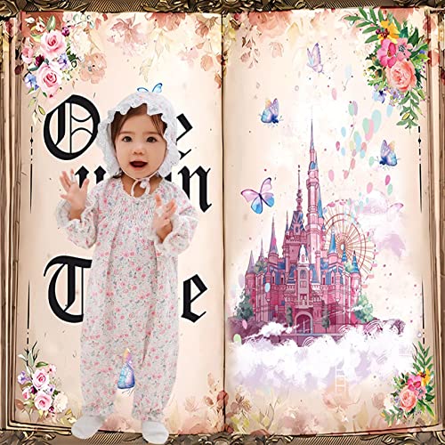 MAQTT Fairytale Book Photography Backdrop 7x5ft Once Upon A Time Backdrop for Girls Birthday Party Decoration Pink Flowers Butterfly and Castal Princess Backdrop for Baby Shower Cake Table Decor