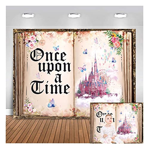 MAQTT Fairytale Book Photography Backdrop 7x5ft Once Upon A Time Backdrop for Girls Birthday Party Decoration Pink Flowers Butterfly and Castal Princess Backdrop for Baby Shower Cake Table Decor