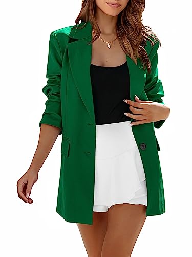 MASCOMODA Casual Blazer Jackets for Women 2023 Fall Long Sleeve Open Front Button Work Office Suit Jacket with Pockets(Green,X-Large)