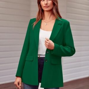 MASCOMODA Casual Blazer Jackets for Women 2023 Fall Long Sleeve Open Front Button Work Office Suit Jacket with Pockets(Green,X-Large)