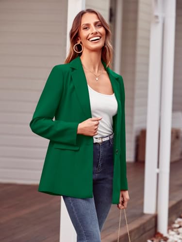 MASCOMODA Casual Blazer Jackets for Women 2023 Fall Long Sleeve Open Front Button Work Office Suit Jacket with Pockets(Green,X-Large)