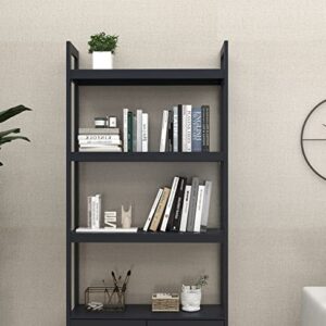 Modern Bookshelf and Bookcase, Freestanding Bookcase with 4 Tiers Open Storage Shelves Wooden Book Shelf Organizer with 2 Rattan Doors Cabinet for Living Room, Home Office, Bedroom, Washroom, Black