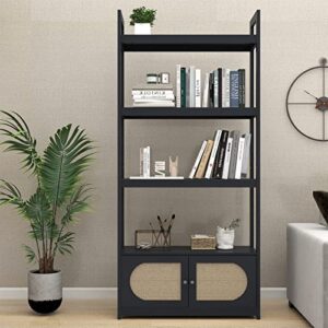 modern bookshelf and bookcase, freestanding bookcase with 4 tiers open storage shelves wooden book shelf organizer with 2 rattan doors cabinet for living room, home office, bedroom, washroom, black