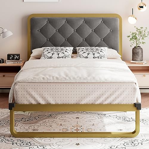 iPormis Twin Size Metal Bed Frame with Velvet Button Tufted Headboard, Curved Platform Bed Frame, Thicker Metal Steel Slats Support, 12'' Under-Bed Space, Noise-Free, Easy Assembly, Gold & Grey