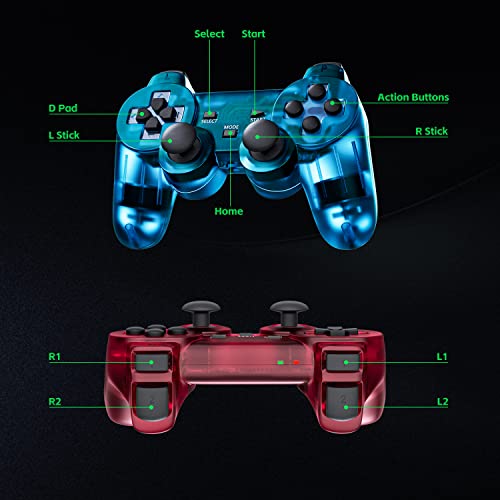 Burcica Wireless Controller for PS2 Play 2 Dual Vibration - ClearBlue and ClearRed