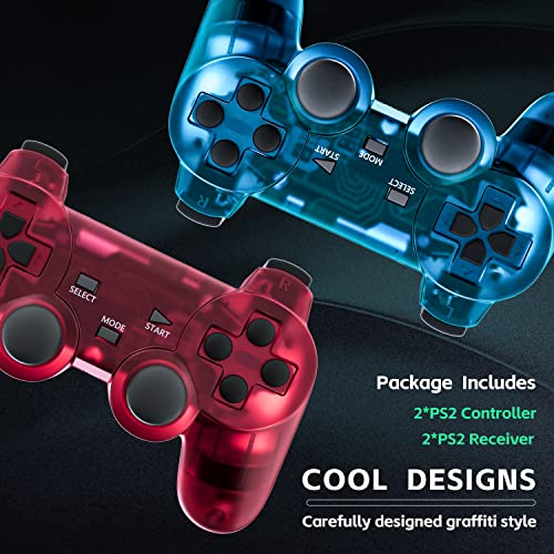 Burcica Wireless Controller for PS2 Play 2 Dual Vibration - ClearBlue and ClearRed